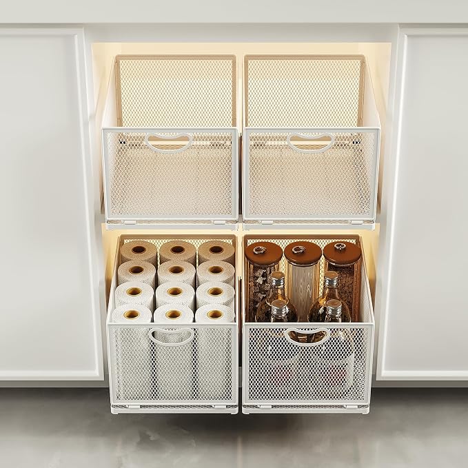 2 Pack Pull Out Cabinet Organizer, No Drill Adhesive Sliding Drawers for Kitchen, Metal Mesh Wire Storage Shelf for Pantry & Under Sink, White (9.6" W x 11.8" D x 8.4" H)