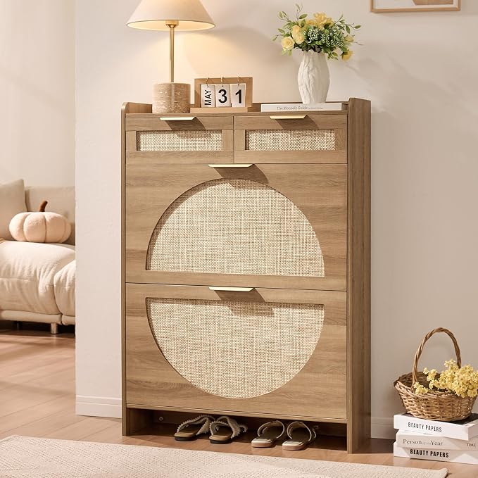 Rattan Shoe Storage Cabinet with 2 Flip Drawers & 2 Drawers, Freestanding Organizer for Front Door Entrance, Hidden Narrow Shoe Rack Cabinet Storage for Entryway, Rustic Oak Rattan