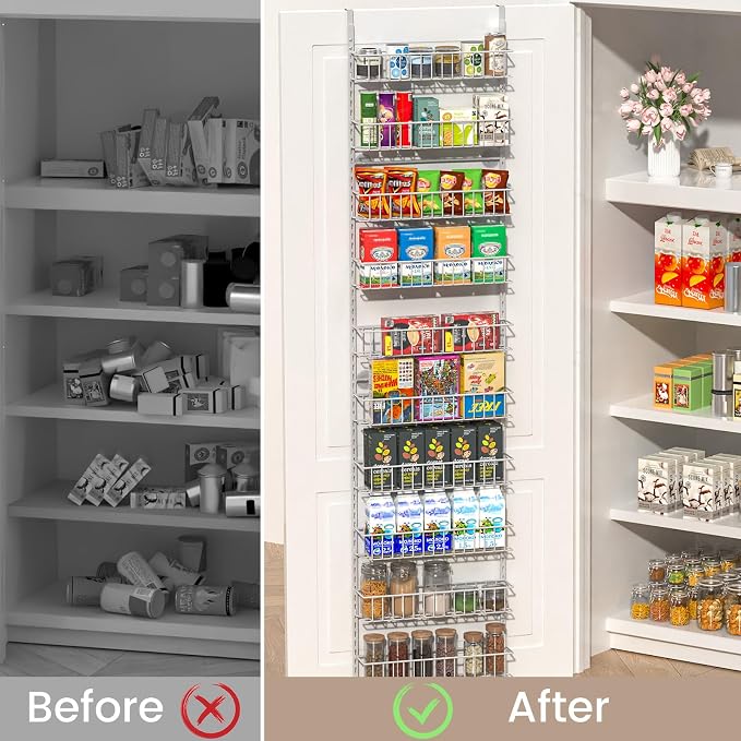 ElegantArray 10-Tier Pantry Door Organizer, Light Gray | Over The Door Pantry Organizer Rack and Storage, Hanging Spice Rack Shelves Door, Home Office Laundry Room Bathroom & Kitchen