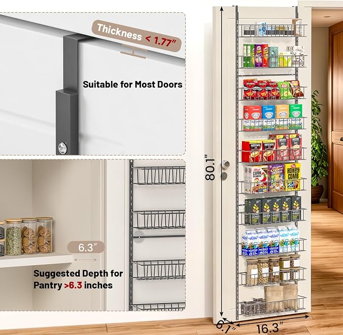 ElegantArray 10-Tier Pantry Door Organizer, Deep Gray | Over The Door Pantry Organizer Rack and Storage, Hanging Spice Rack Shelves Door, Home Office Laundry Room Bathroom & Kitchen