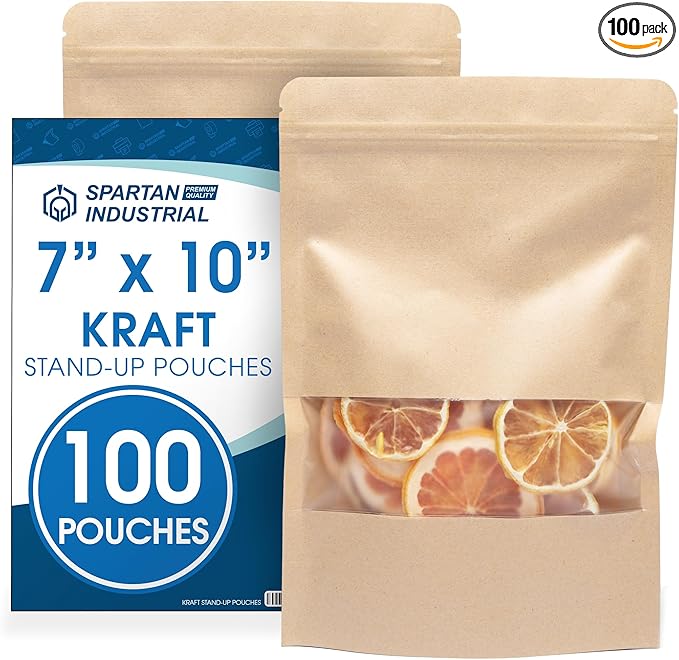Spartan Industrial - 7" X 10" Kraft Stand-Up Pouch Bags - Pack of 100 Large Smell-Proof Bags for Bulk Food Packaging, Homemade Treats, Bath Products, and More