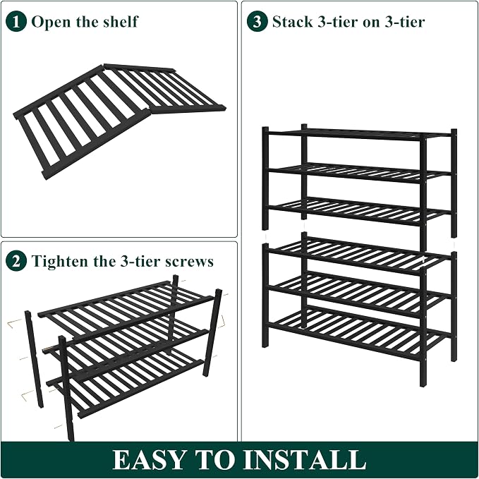 Smiry Bamboo Shoe Rack for Closet, 6 Tier Wooden Shoe Organizer, Stackable Wood Shoe Storage Shelf for Entryway, 14 Vertical Slats, 3+3 Stack Heavy-Duty Legs, 26.77"x11.02"x36.61", Black