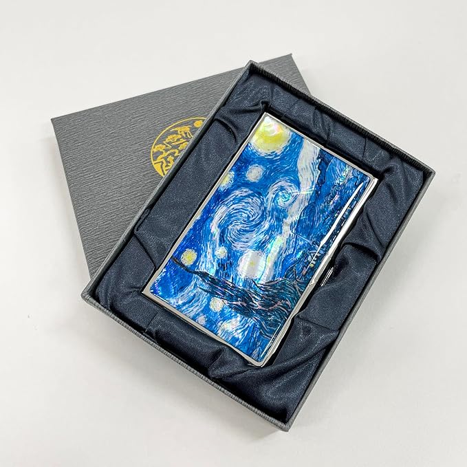 Mother of Pearl Business Card Case Credit Id Name Holder Travel Wallet Art Painting Design Metal Stainless Steel Engraved Slim Purse Pocket Cash Money Wallet (Starry Night)