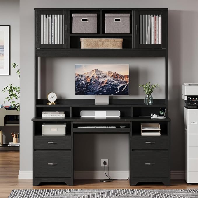 Bestier 77.8" H Computer Desk with Hutch, Charging Station, LED Light,Black | Modern Wood Executive Desk with Drawers, Fluted Storage Cabinet, Keyboard Tray, 59" W Office Desk for Home Office