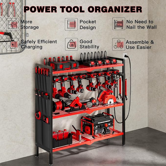 NattyDot Power Tool Organizer Cart with Charging Station, 8 Drills, Red | Freestanding Power Tool Cart Holds 8 Drills; Charging Station Powers Batteries while Sturdy Shelves Organize Garage Gear