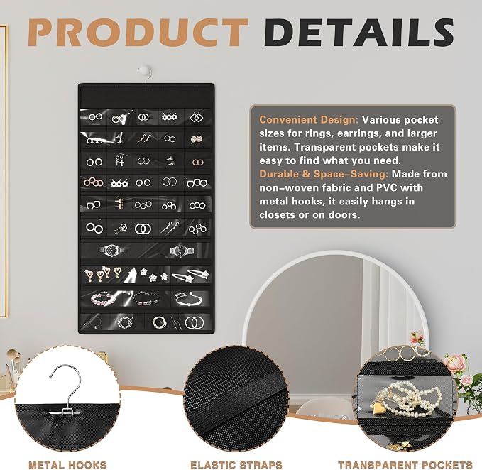 Hanging Jewelry Organizer, Double-Sided Necklaces Holder, Black | 42 clear pockets organize rings & earrings; 36 wire necklace hooks reduce tangles; top hook hangs in closets, walls or doors.