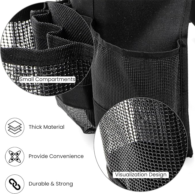 5 Gallon Bucket Tool Organizer, Adjustable Bucket Storage Bag with Mesh Compartments, Durable Black Garden Tool Caddy Swivel Seat Pouch for Ice Fishing, Car Cleaning, Hiking