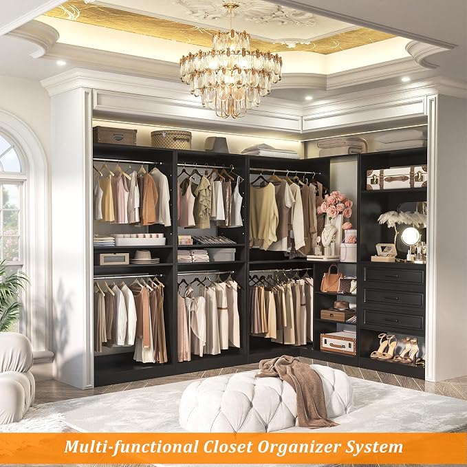 Unikito Closet System with Drawers，86”Modular Corner Closet Organizer System with Mirror，Freestanding Wood Wardrobe Organizer with Hanging Rods & Adjustable Shelves, Walk in Closet Tower, Black