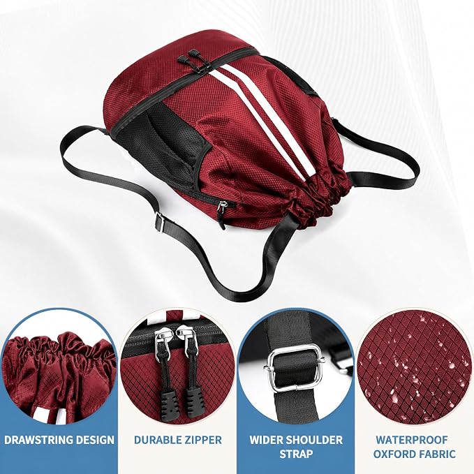JELUTAR Drawstring Backpack Gym Bag with Shoes Compartment, Burgundy | Water-Resistant String Backpack for Soccer, Basketball, Swim, Beach Cinch for Women Men, 22 L Large Capacity, Wet Pocket