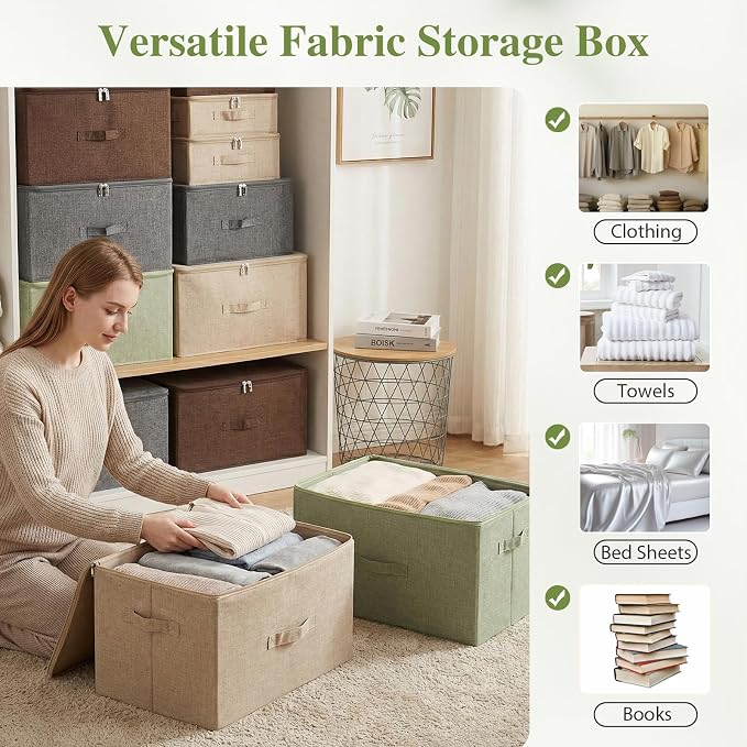 ANMINY 2PCS Storage Bins with Zipper Lids 13 Qt Lidded Fabric Storage Boxes Baskets Cubes with Handles Collapsible Washable Cotton Linen Closet Shelf Clothes Organizer Containers - Green, Small