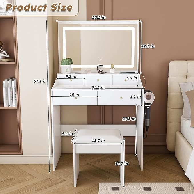 Small Vanity Desk with Mirror and Lights, Makeup Vanity Table with Large Mirror & 5 Drawers & Stool & Hair Dryer Holder, Dressing Table Set for Bedroom, Brightness Adjustable