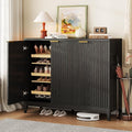 Vlsrka Shoe Storage Cabinet with Fluted Doors and Adjustable Shelves | 6 Tier Wooden Shoe Organizer, Large Capacity, Human Sensor Lighting, 180° Rotating, for Entryway, Hallway, Living Room, Black