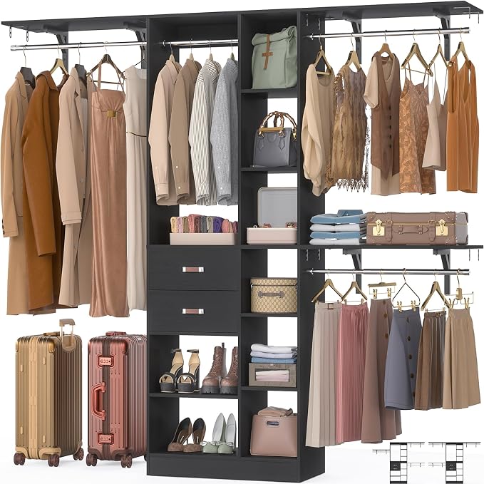 Armocity 8FT Heavy Duty Wood Closet System, 1500 LBS+ Capacity Wall Mounted Walk-in Closet Organizer with 2 Drawers & 4 Hanging Rods, 96'' Custom Bedroom Storage Wardrobe, Black