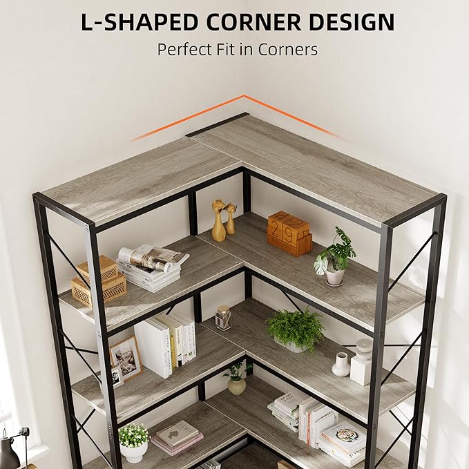 Shintenchi 5 Tier Corner Bookshelf,L Shaped Bookcase,Large Etagere Bookcase,Corner Shelf Display Storage Rack with Metal Frame for Living Room Bedroom Office,Grey