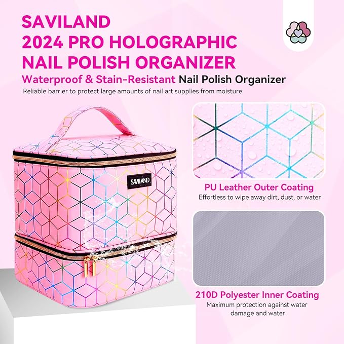 SAVILAND Nail Polish Organizer Bag: PU Leather Nail Polish Storage Organizer Holds 30 Bottles & Nail Lamp, Nail Polish Holder Travel Carrying Case Box Nail Tech Organizer Storage Bag for Nail Supplies