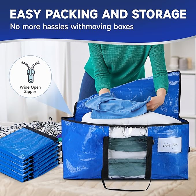 CONGREGATE 8-Pack Heavy Duty Blue Moving Bags with Zippers and Handles, Heavy Duty Storage Handbags, PE Material, Window Design, 97 Liters / 25.6 Gallons (28.7 Inch x 13.7 Inch x 15 Inch)