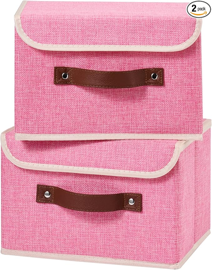 2PCS Storage Boxes with Lid Cotton Linen Fabric Storage Bins Organizer Container Decorative Collapsible Washable Shelf Closet Baskets Faux Leather Handles Home Bedroom (Pink, Small)