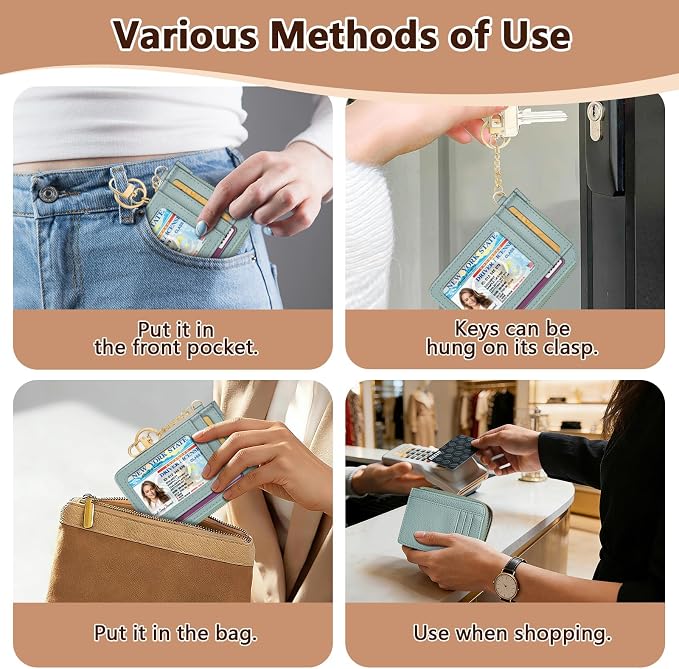 GIANCOMICS Slim Wallet Credit Card Holder Women, Light Green Rfid Blocking Small Card Case, Keychain Thin Pocket Curved Zipper Wallet, Travel Card Holder PU Leather ID Window, Ladies Female Gifts