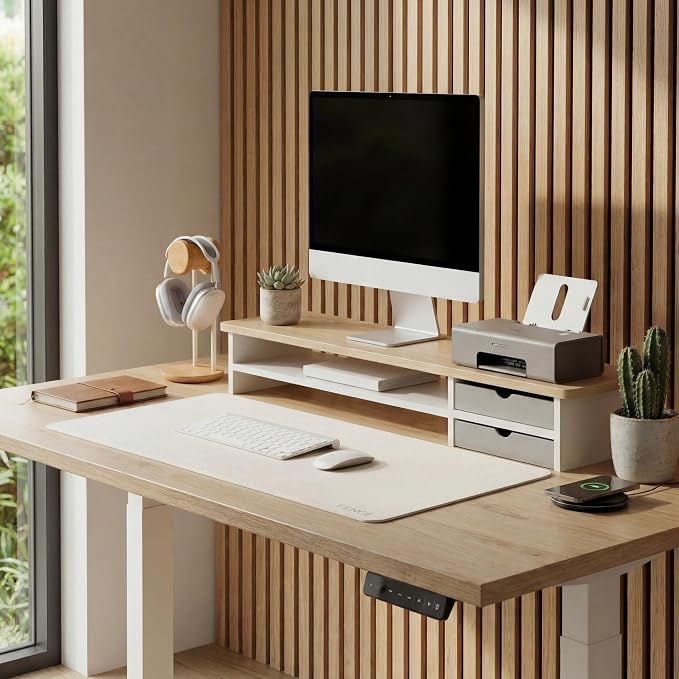Fenge Monitor Stand, Dual Monitor Riser, 42.5inch Large Desk Computer Monitor Stand Riser with Drawer, 2 Tier Wood & Acrylic Desktop Organizer for Computer, Laptop, Printer, TV Screen Riser