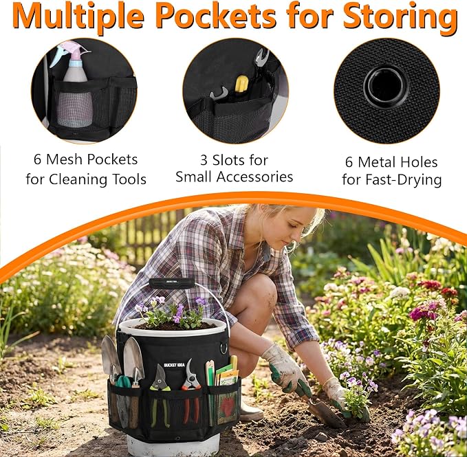 MELOTOUGH Bucket Tool Organizer Fits 5 Gallon Water-Resistant Mesh Pockets | Water Resistant, Multiple Compartments Pockets, Hold Large Brushes & Garden Tools, Fits 3.5-5 Gal Buckets, Easy to Carry