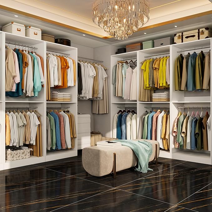 Closet System with 6 Hanging Rods& Shelves , 4FT Small Closet Organizer System Storage Wood with Extra Side Hanging Rod for Walk in Closet, Adjustable Modular Closet Systems Customize, White(4FT)