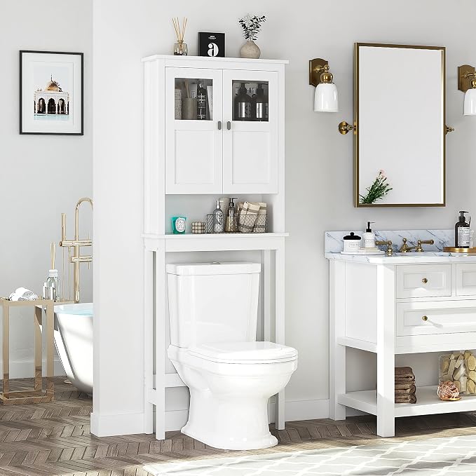 Spirich Bathroom Over the Toilet Storage Cabinet with Glass Doors, White | Toilet Organizer with Adjustable Shelf, Anti-tipping Device, Wood, Elegant Modern Design, Space Saver for Tight Spaces