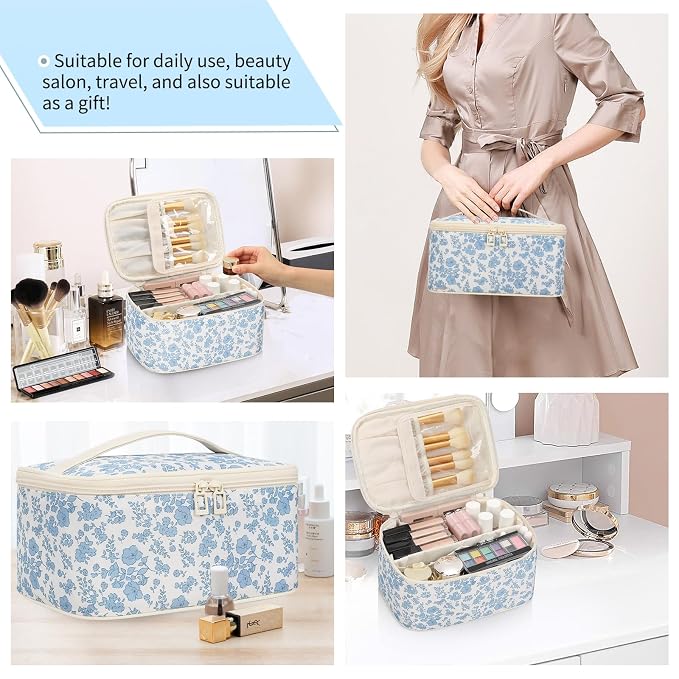 OCHEAL Makeup Bag Portable Cosmetic Bag For Women, Large Capacity Travel Makeup Case Organizer, Toiletry Bag for Girls Traveling With Handle and Divider-Flowers