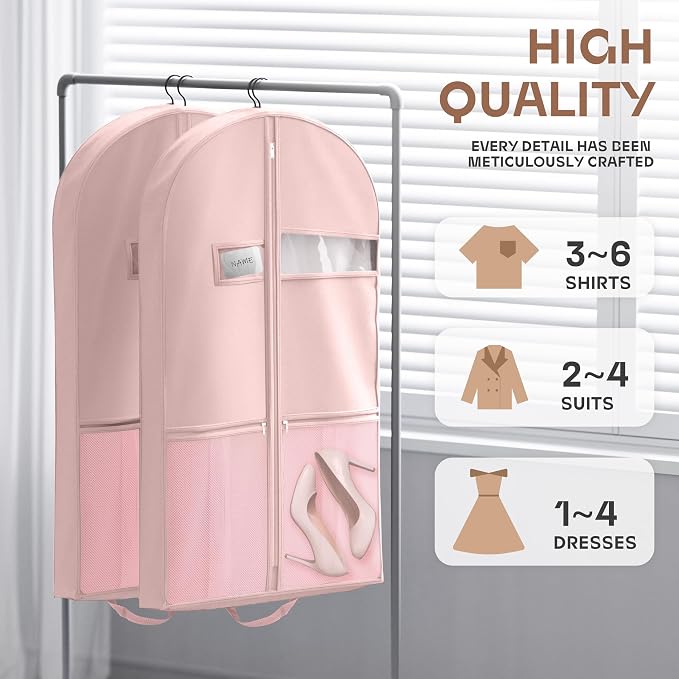 Lazebox 43" Travel Garment Bag with Accessories Zipper Pocket, Heavy Duty Suit Bag for Suits, Tuxedos, Dresses, Coats, Pink, 1 pack
