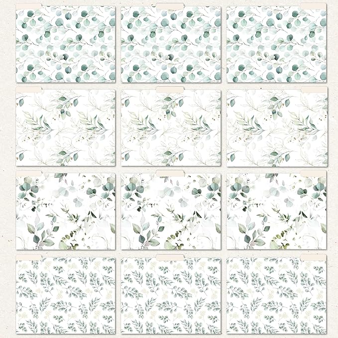 Bloom Daily Planners Decorative File Folders - Set of Twelve Letter Size (8.5” x 11”) Organizers, 1/3 Cut Tabs - Assorted Designs - Eucalyptus, 12-Pack