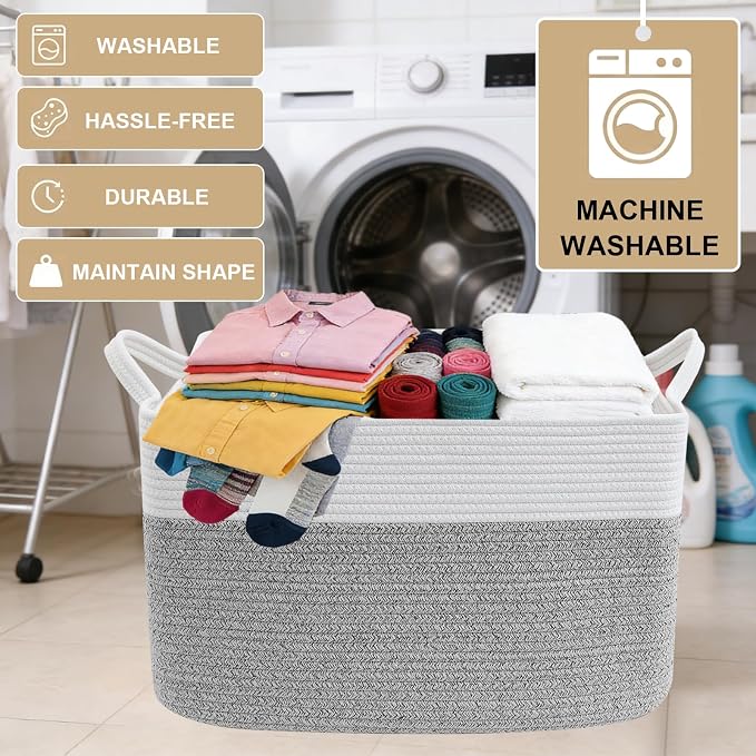 96L XXXLarge Woven Laundry Basket with Sturdy Handles - White/Grey | Machine washable,Space-Saving Collapsible Design,Cotton rope, blanket basket living room,for toys clothes nursery bathroom