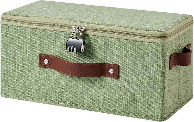 Storage Bins Boxes with Zipper Lid Combination Lock PU Leather Handles Cotton Linen Fabric Lockable Baskets DVD CD Case Foldable Closet Shelf Organizer Container (Light Green, 13"x 6"x 6")