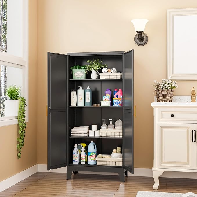 Ckzbx White Metal Cabinets with Doors and Shelves,47.25" H Storage Cabinet White Pantry Cabinet Garage Cabinets for Kitchen,Living Room,Dinning Room
