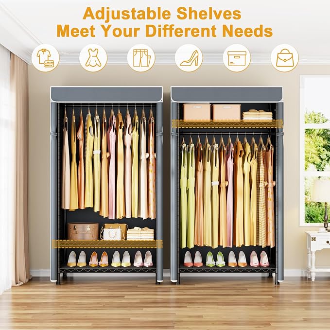 ULIFHOME H5C Clothes Rack with Cover, Portable Closet for Hanging Clothes, Covered Clothing Racks Heavy Duty, Garment Racks with Shelves, Max Load 360LBS, Black Closet Rack with Gray Cover
