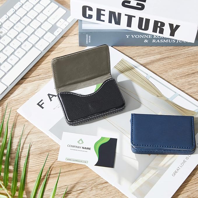 Outus 2 Pcs Business Card Holder, PU Leather Business Card Case Pocket Wallet with Magnetic Shut for Valentines Gift Adult(Blue and Black)