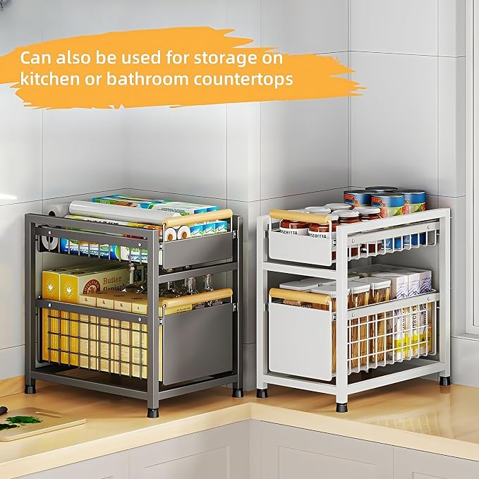 Pull Out Cabinet Organizer, Pull Out Basket Drawers for Cabinets, Slide Out Basket Drawers for Kitchen Cabinets, Under Sink Organizer for Kitchen, Bathroom (White Medium Double-tier)