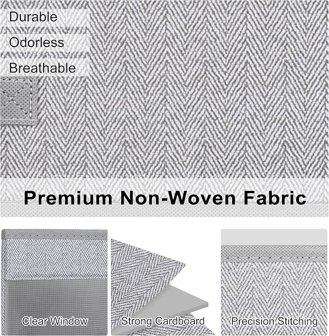 WUIKE 3 Pack Large Fabric Storage Baskets with Window, Herringbone Gray | Foldable Closet Storage Bins with Handles for Clothes, Towels, Blankets, Shelves and Linen Closet Organization
