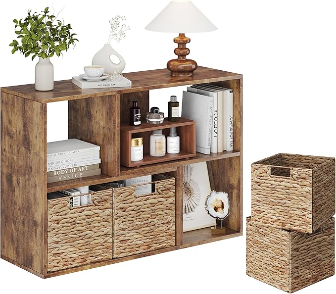 MapleGrace 6 Cube Storage Organizer, Wooden Storage Shelves Bookcase with Back Panels, Stackable Display Bookshelf Includes 2 Wicker Baskets for Living Room, Bedroom, Study, Hallway, Rustic Brown