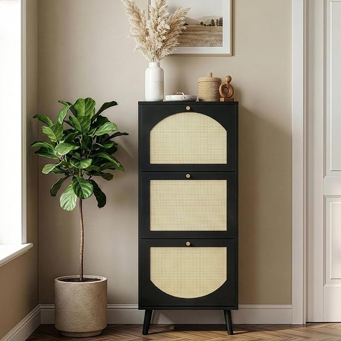 Karl home Black Rattan Shoe Cabinet, 3-Tilt-Out Entryway Storage Organizer | Hidden Shoe Rack with 3 Tilt-Out Compartments for Heels, Slippers and Casual Shoes, Space Saving Entryway Furniture
