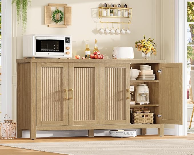 usikey 55" Buffet Cabinet with Storage, Large Sideboard Buffet Cabinet with 4 Adjustable Shelves, Modern Fluted Coffee Bar for Kitchen, Living Room, Natural