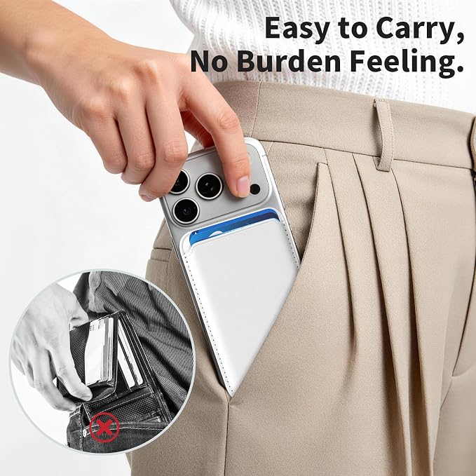Magnetic Wallet Phone Card Holder for Phone Case with Mag-Safe, Stronger Magnetic RFID Leather Phone Wallet Stick on Series of iPhone 17/16/15/14/13/12 and Pro/Promax, Pearl White