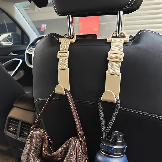 Amooca Headrest Hooks for Car Adjustable 4 Pack Vehicle Seat Back Organizer Storage Hanger Holder for Purse Bags Universal Fit with Clip Beige