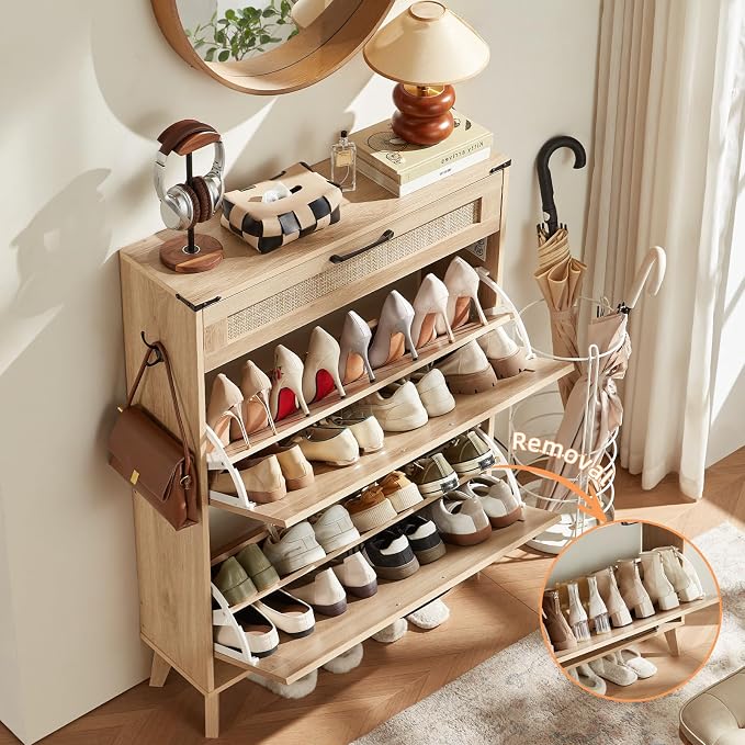 LEYAOYAO Shoe Cabinet Storage for Entryway with 2 Flip Drawers Rack Narrow Organizer Slim Hidden Wood Shoe Cabinet Furniture Natural Oak