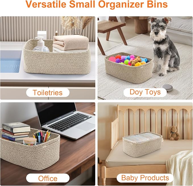 Small Storage Baskets for Organizing, Woven Storage Bins for Shelves, Gift Basket Empty, Cute Decorative Closet Organizer, Baby Rope Basket, Dog Toy Storage, 13.2x8.2x5.2”, 3Packs Mixed Brown