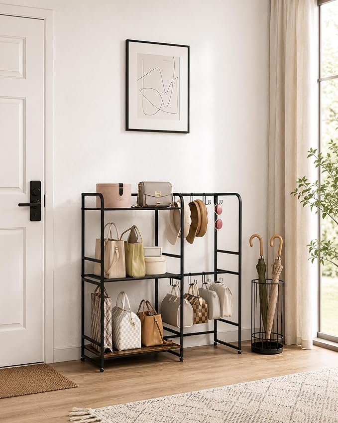 Large Purse Organizer, 3-Tier Purse Rack, Wall Mount or Freestanding | Stores handbags, totes and purses with 12 hooks, Adjustable layout keeps bags visible, freestanding or wall mounted organizer