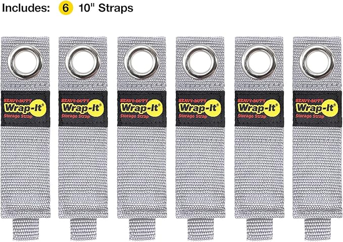 Heavy-Duty Wrap-It Storage Straps - 10" (6-Pack) Silver - Garage Organizer and Electric Cord Holder for Garage Essentials