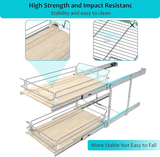 2 Tier Pull Out Cabinet Organizer 11.06" W X 22" D, Wood & Chromed | Full Slide Out Drawers For Kitchen Cabinets, Cabinets Capacity Heavy Duty Caddy, Cabinet Pullout Shelves , Pantry Storage