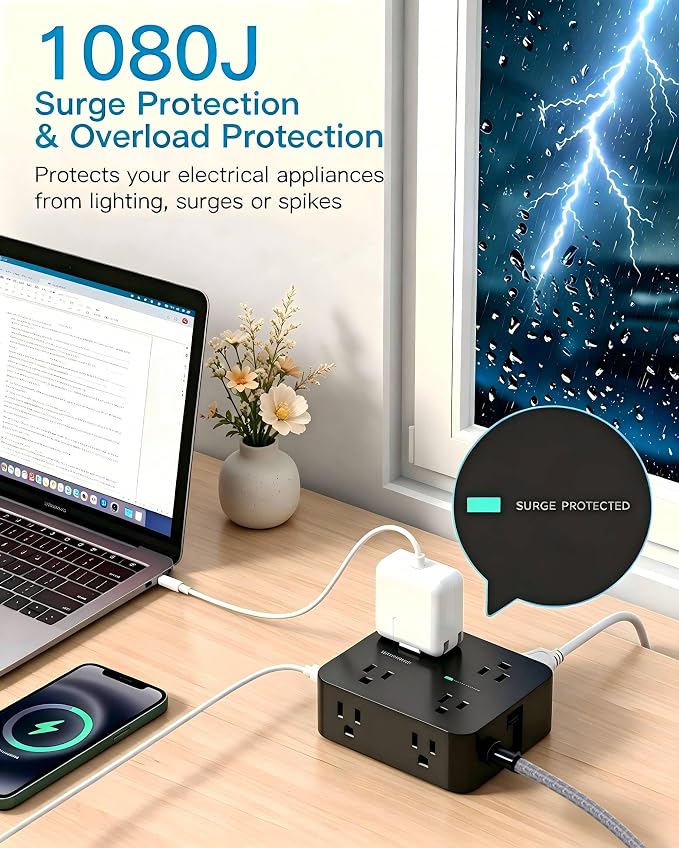HANYCONY Surge Protector Power Strip 10 Ft, Flat Plug Extension Cord with 8 Outlets and 4 USB Ports(2 USB C), Wall Mount Outlet Extender Charging Station for Home Office Desk