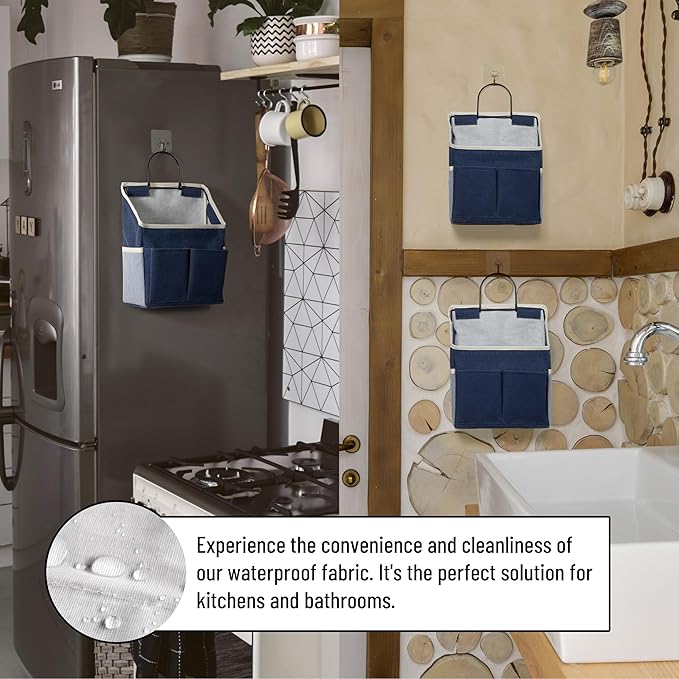 2pcs Wall Hanging Storage Bag, Small Door Closet Linen Fabric Pockets Organizer, Waterproof Multi Functional for Living Room Bedroom Bathroom Kitchen RV Camper with Hooks All Navy