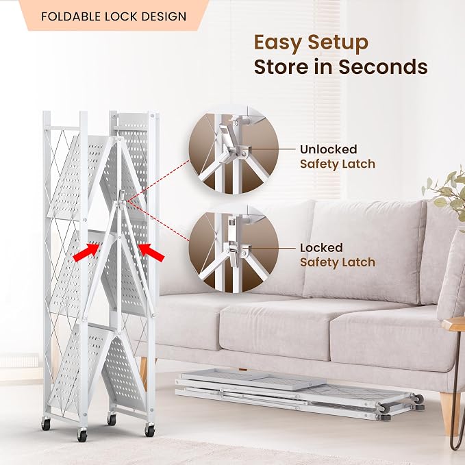 Our Modern Space 4-Tier Foldable Storage Shelf with Wheels | Metal Rack Collapsible Shelving Display | Rolling Cart for Books Kitchen Storage Shelves | Pantry & Closet Organizer | Office Room Decor