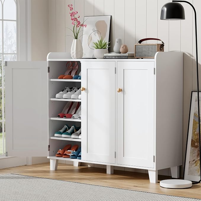 Shoe Storage Cabinet with 3 Doors and Adjustable Shelves，40 Inch Tall Farmhouse Flat-Shelf Wooden Shoe Cabinet，Shoe Rack Shoe Organizer Cabinet for Hallway Entryway Living Room （White）
